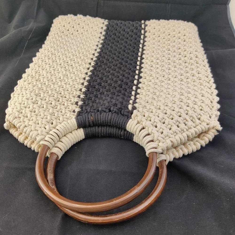 Woven cotton Cord Satchel Tote w/ Round Wood Handles in Black & White / Cream